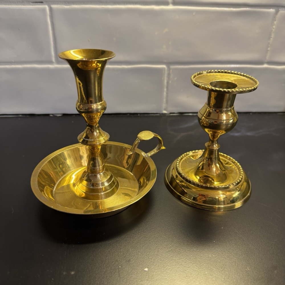 2 Brass Candlesticks - Beaded Details  - Chamberstick‎ Thumb Hold  Made in India